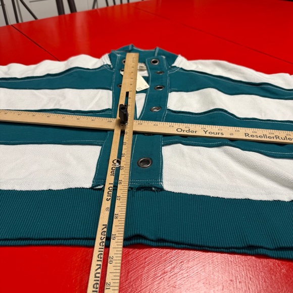 ANTHROPOLOGIE PILCRO TEAL AND WHITE STRIPED PULLOVER LONG SLEEVE GROMMETS - Picture 4 of 7